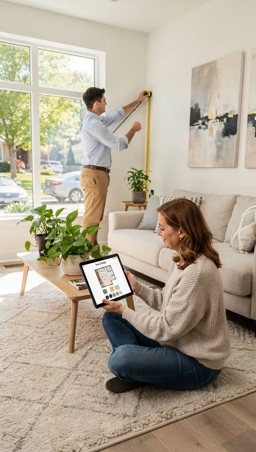 Przestronny pokój dzienny z dużymi oknami i roślinnymi dekoracjami.